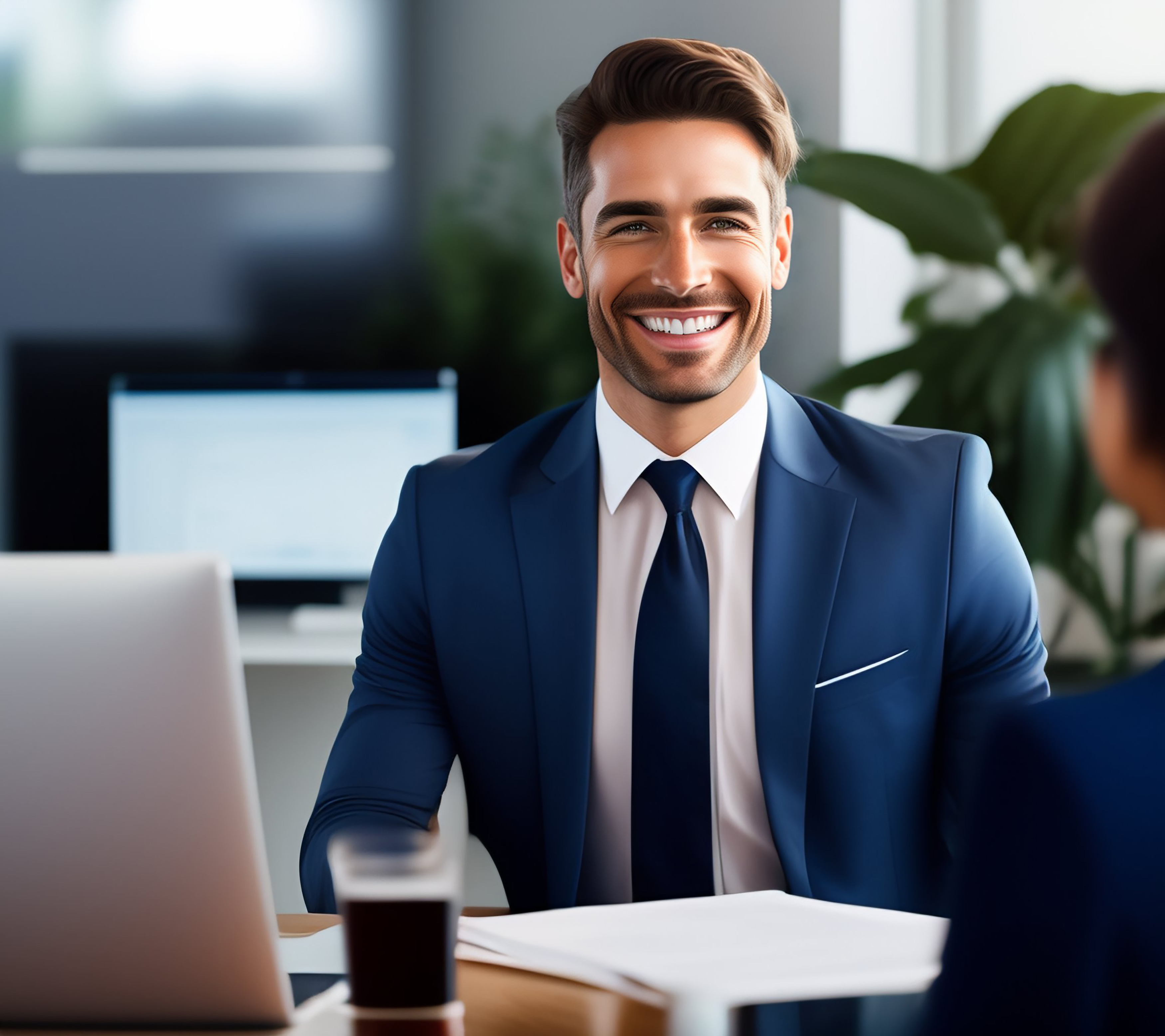 man-blue-suit-is-smiling-woman-blue-suit